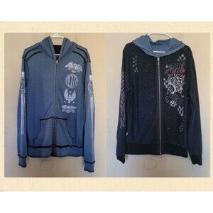 Affliction Hoodie Jacket Mens Medium Reversible Full Zip Skull Biker Grunge Y2K